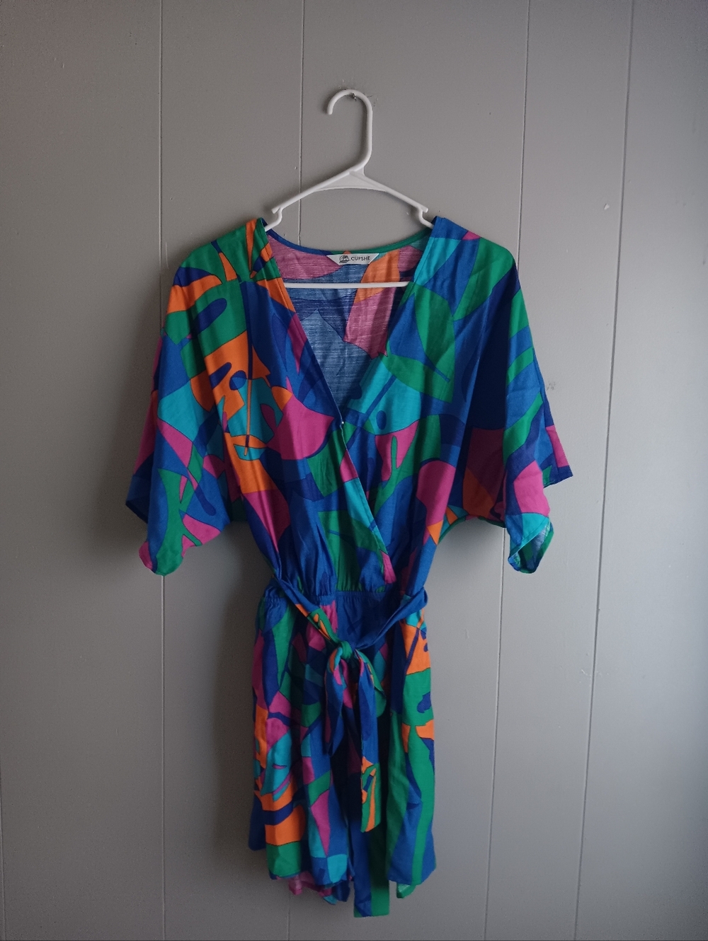 Cupshie Colorful Abstract Wrap Romper - Bright Blue, Green, Pink & Orange Size M